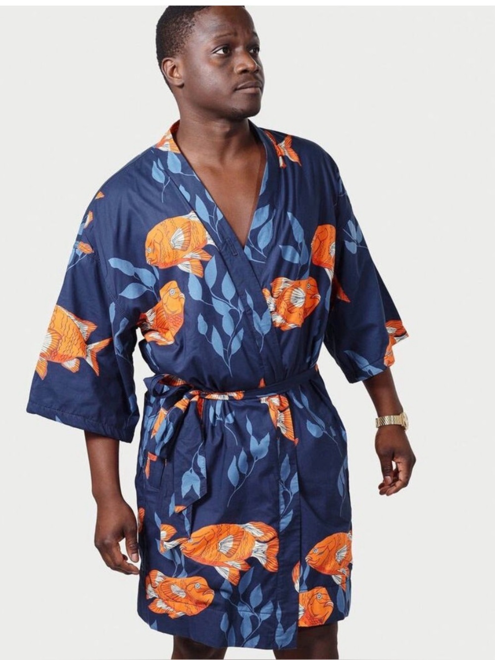 California Cowboy beach robe el Garibaldi Navy Orange fish Print mens large / xl